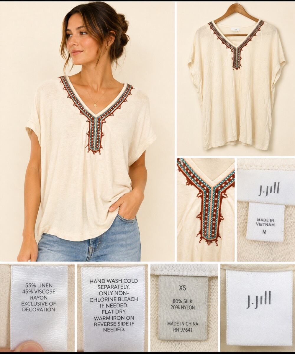 Boho J.Jill Women's Relaxed Linen Top Size M Ivory Embroidered V-Neck